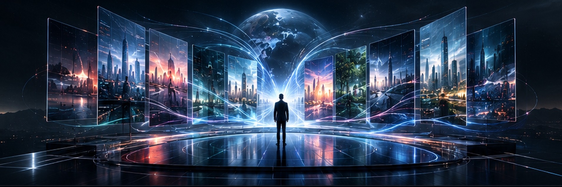 A decision branching into multiple possible futures and parallel worlds